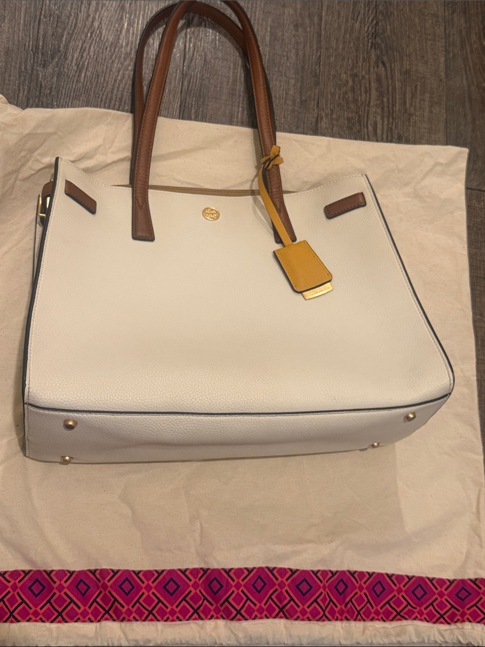 Leather Tote Bag in Cream with Brown Handles
